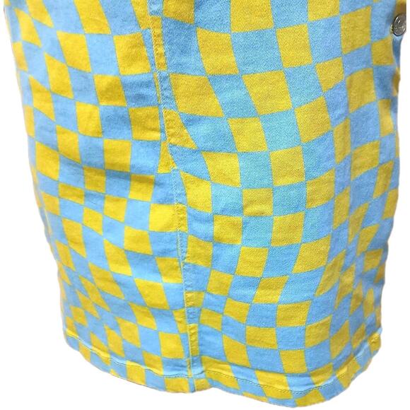 Forever 21 Denim Overall Dress Women Sz L Blue Yellow Check Stretch Mini Skirt - Picture 3 of 16